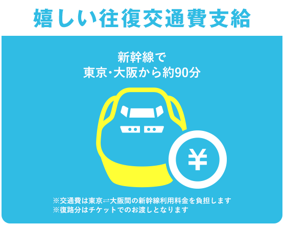 嬉しい往復交通費全額支給 新幹線で東京・大阪から約90分 ※交通費は東京、大阪間の新幹線利用料金を負担します。※復路分はチケットでのお渡しとなります。